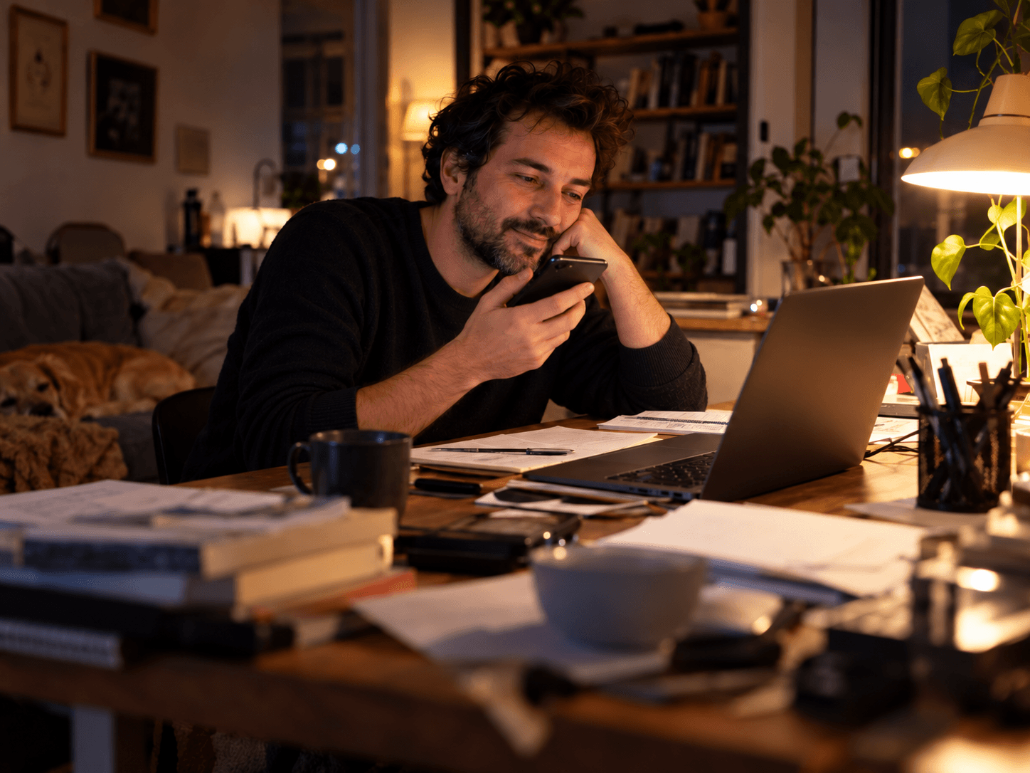Man smiling as he talks on his phone at a lamp-lit home office desk late at night, dog asleep on the couch behind him