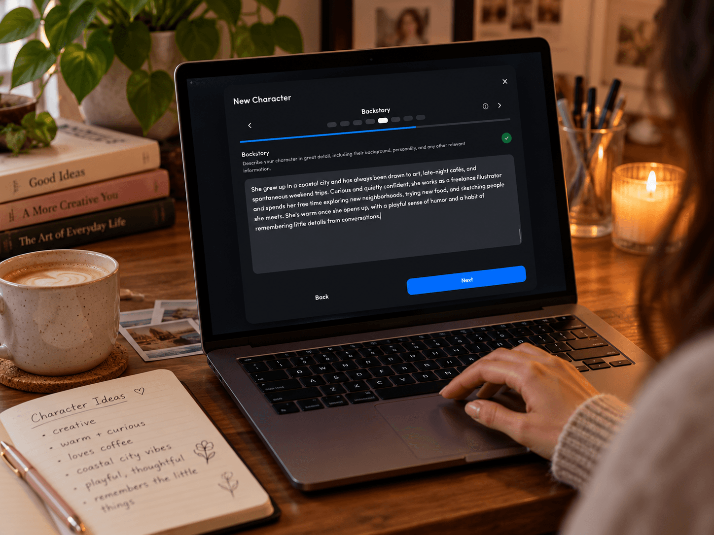 Person typing a character backstory into MyBot's New Character backstory step, with a handwritten list of character ideas and a latte on the desk
