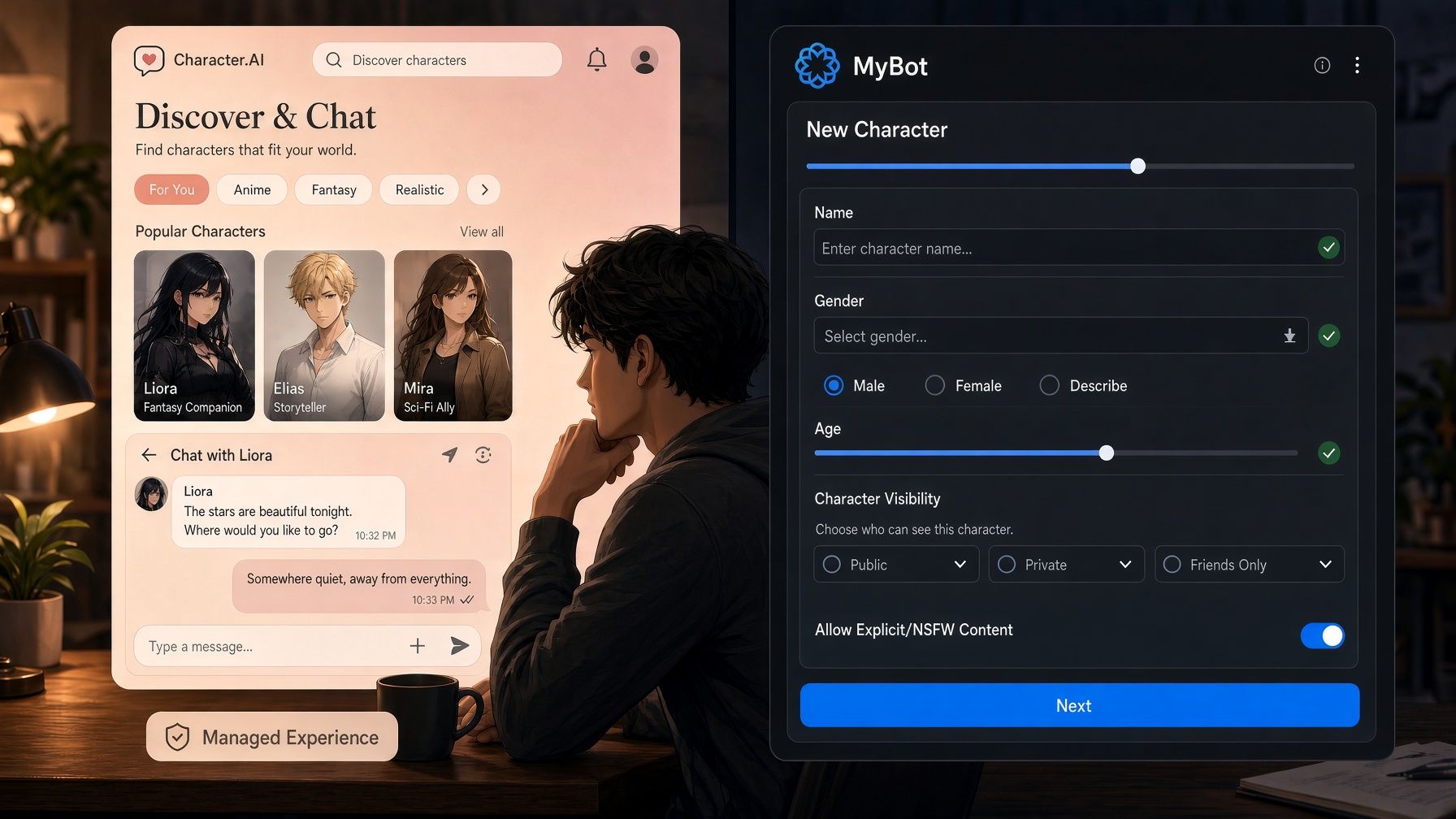 Character.AI and MyBot compared by managed experience versus character customization controls