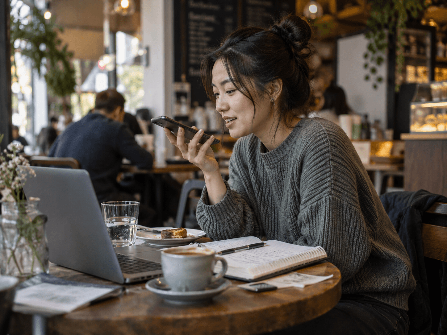 Woman at a cafe table recording a voice message on her phone beside her laptop and notebook