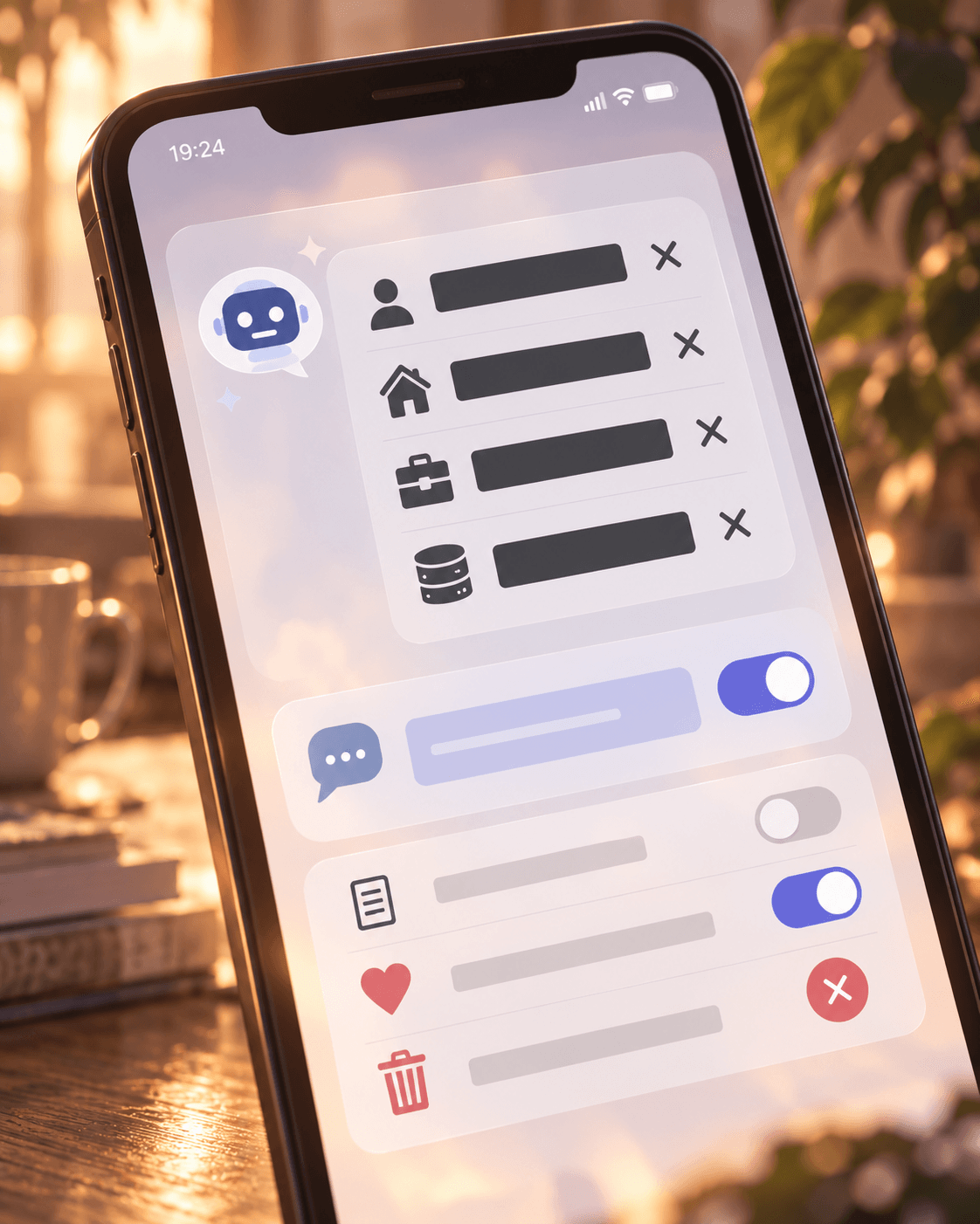 Mobile-style privacy controls and permission settings for an AI companion app