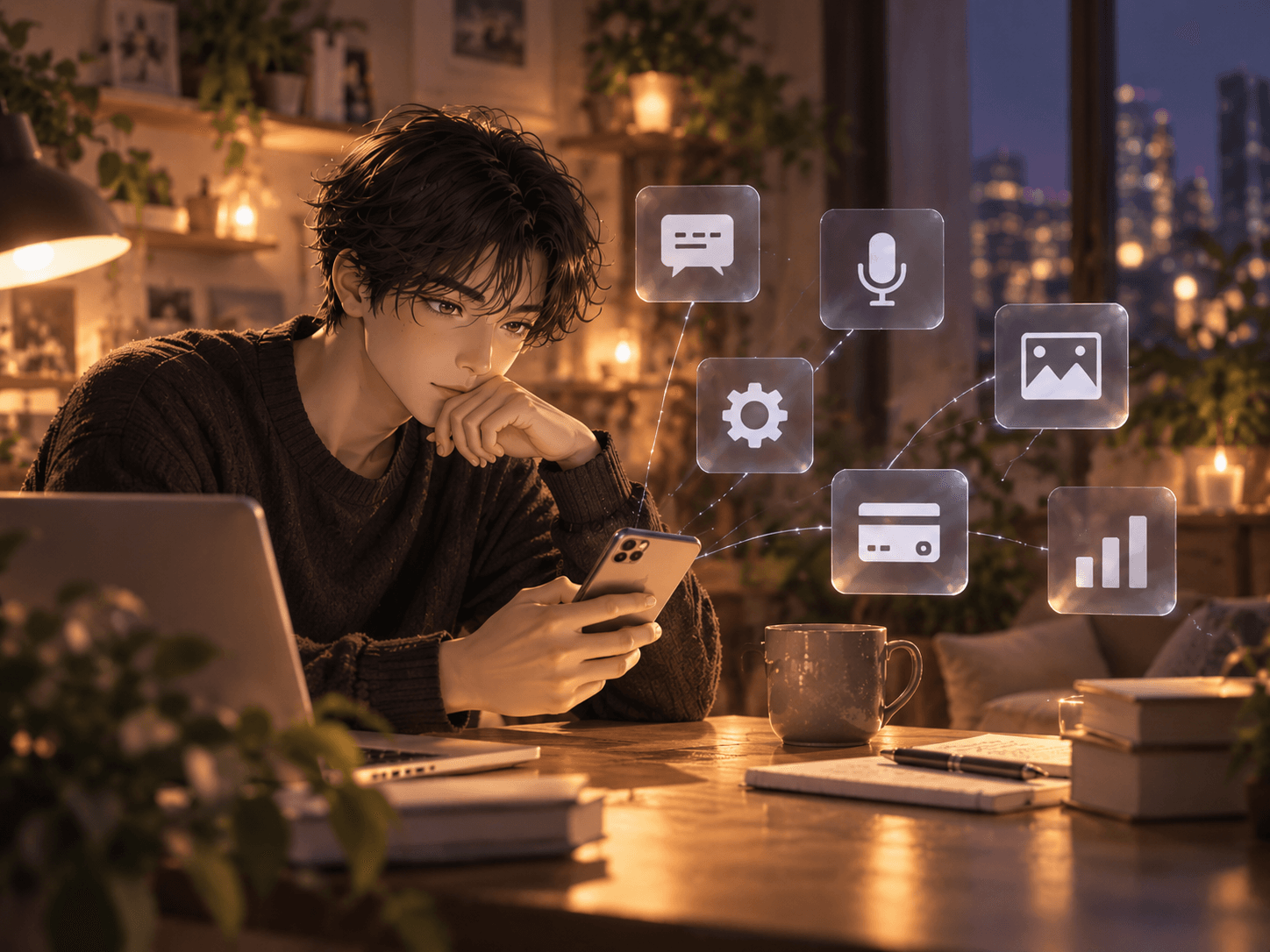 Person using an AI companion in a cozy nighttime workspace