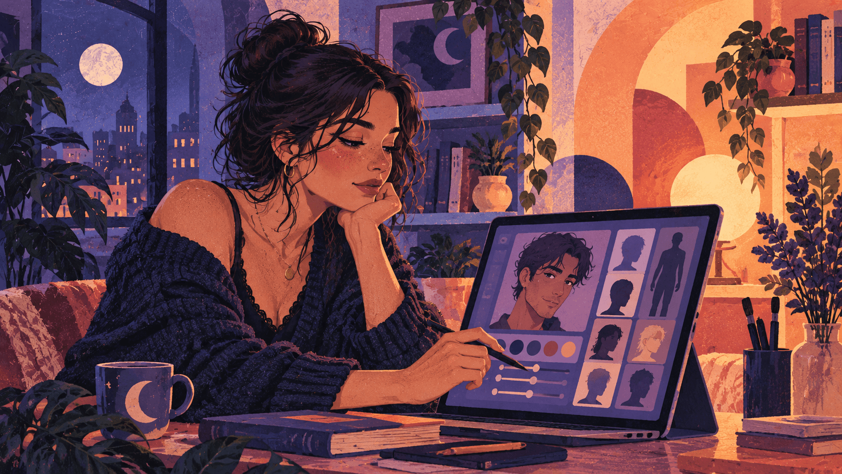 Illustration of a person customizing a virtual AI character using personality and appearance controls.