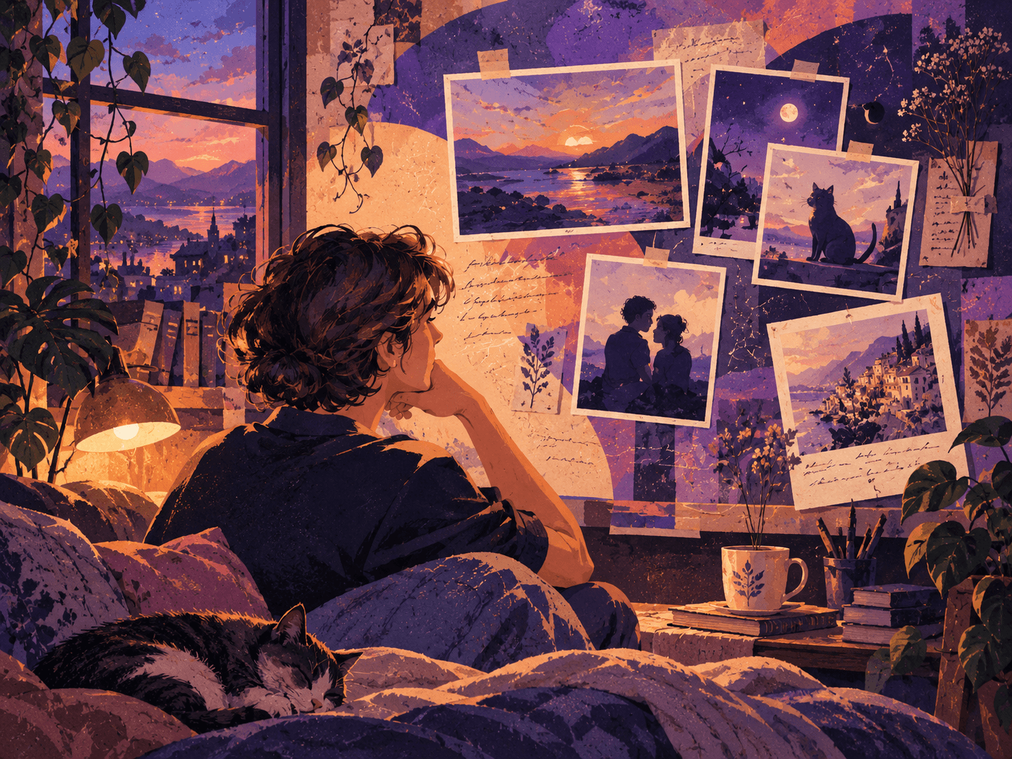 Illustration of someone reflecting on photos and meaningful shared memories.