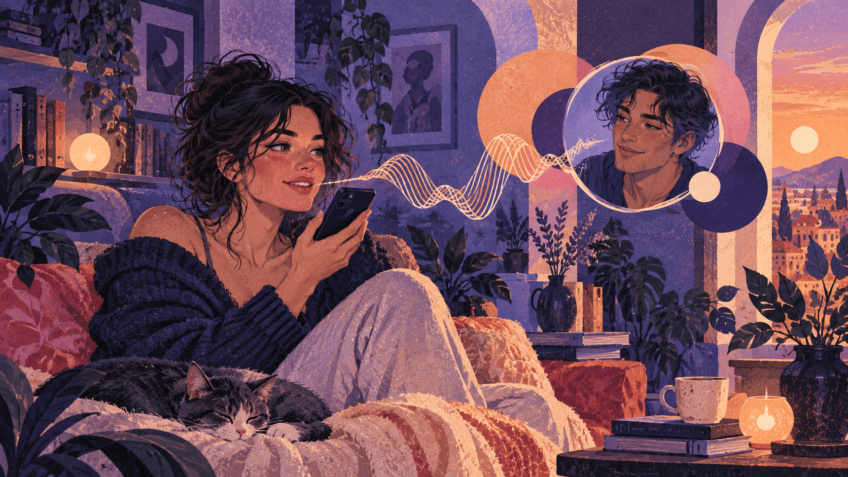 Illustration of someone speaking with a virtual AI companion through a phone, connected by an audio waveform.