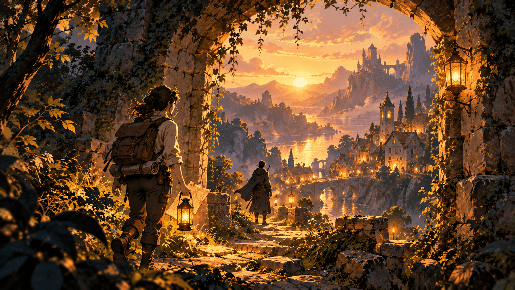An explorer carrying a lantern and map follows a companion toward a sunlit fantasy valley.