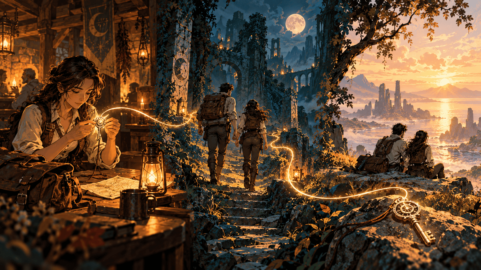 A golden key connects different moments in an adventurers' journey, illustrating story continuity.