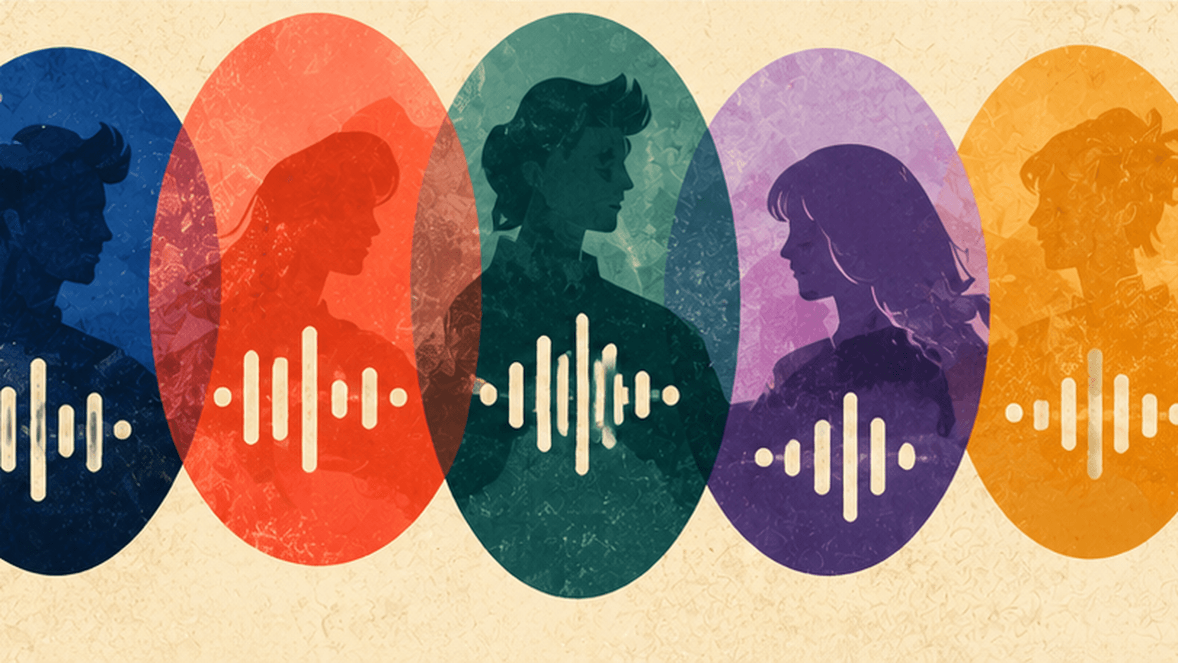 Five abstract character silhouettes in different colors, each paired with a distinct voice pattern.
