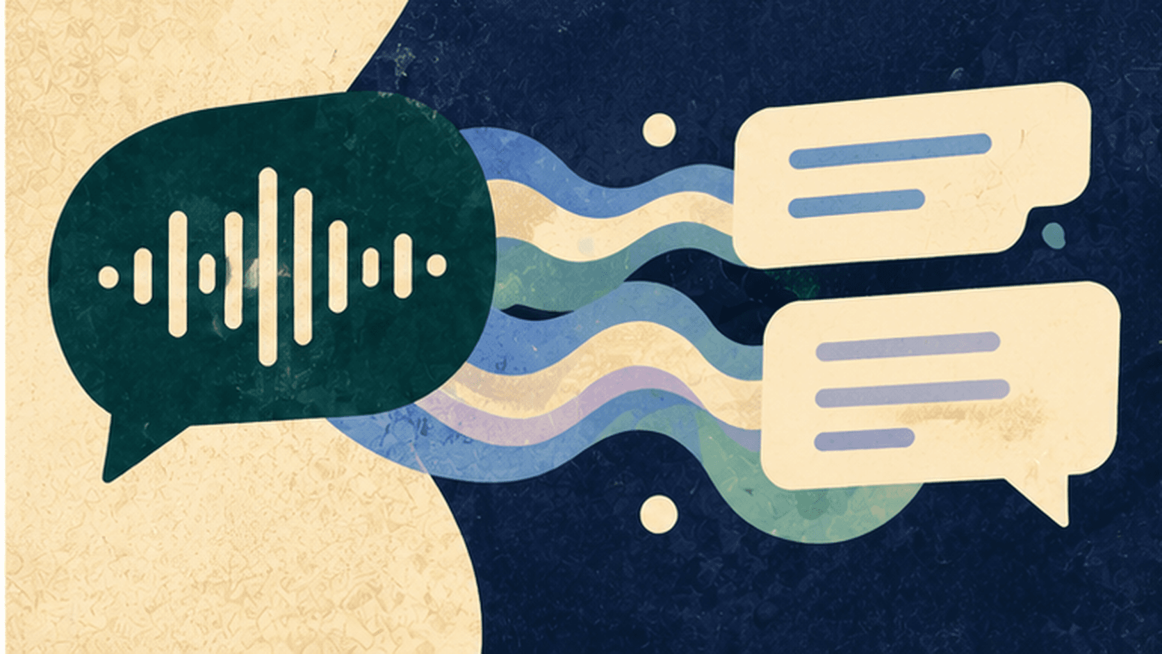 Abstract illustration of a spoken audio waveform transforming into text conversation bubbles.