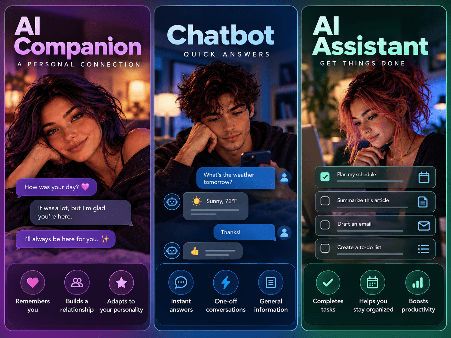 Comparison of AI companions, traditional chatbots, and AI assistants