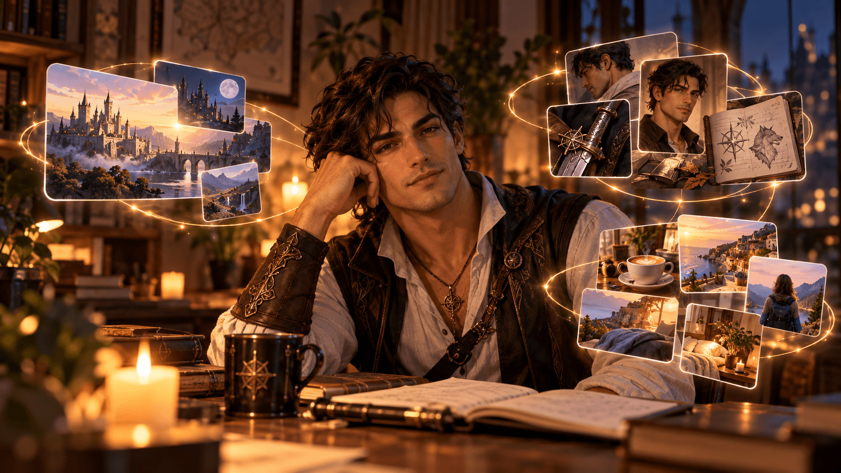 A male fantasy character surrounded by remembered world details, places, objects, and personal moments, illustrating persistent character and world context.