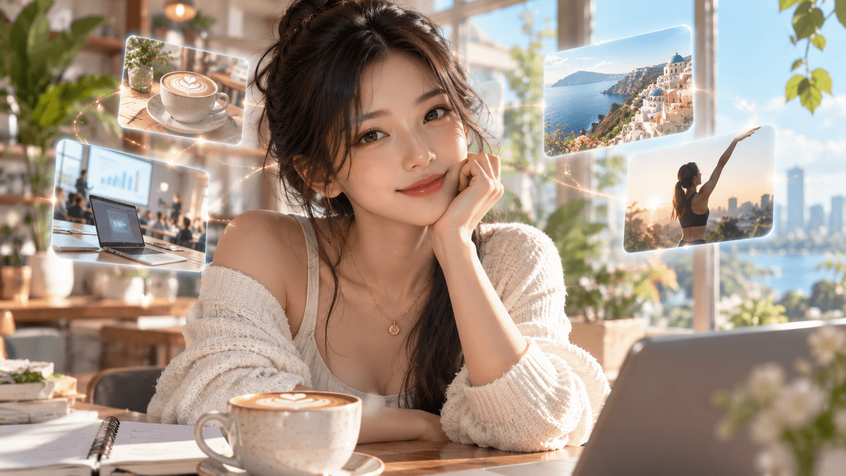 An East Asian woman in a bright workspace surrounded by visual memories of work, travel, exercise, and preferences, showing how prior context can carry into later conversations.
