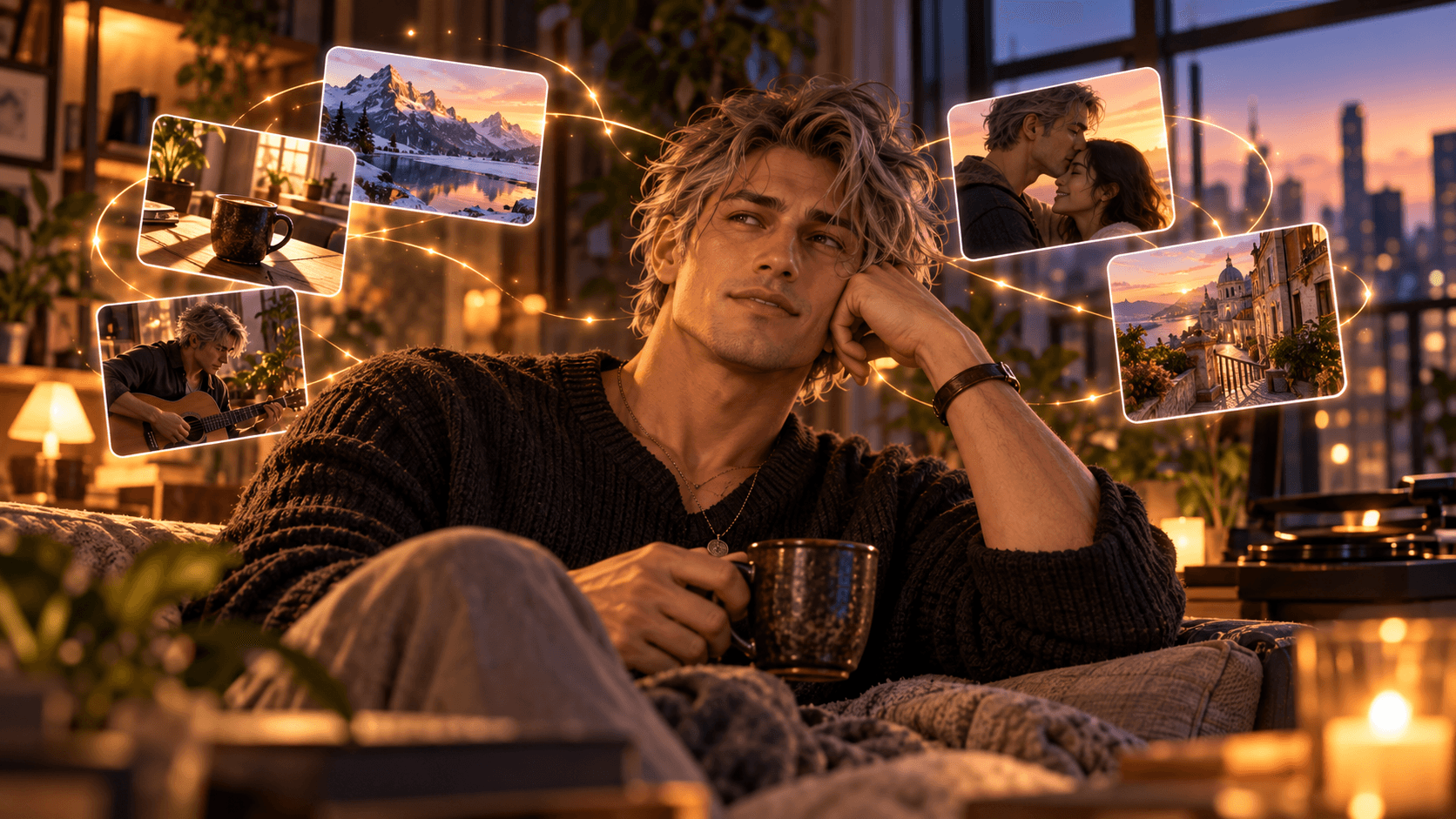 A man relaxing at home while connected memory scenes from travel, relationships, hobbies, and everyday routines surround him, representing long-term conversational continuity.