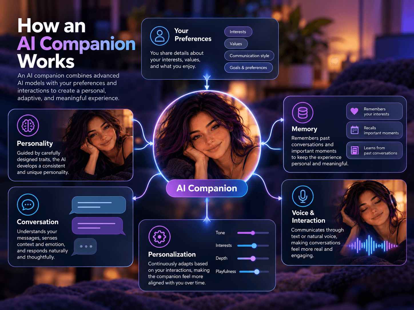 Diagram illustrating personality, memory, conversation, and voice in AI companions