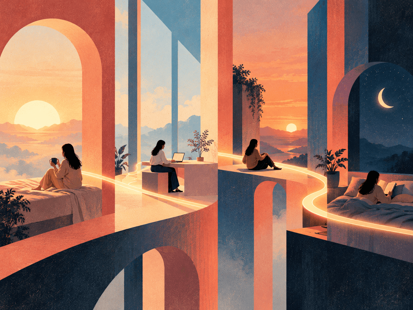 Editorial illustration of morning conversation, daytime activity, evening reflection, and nighttime reading connected by a winding path.