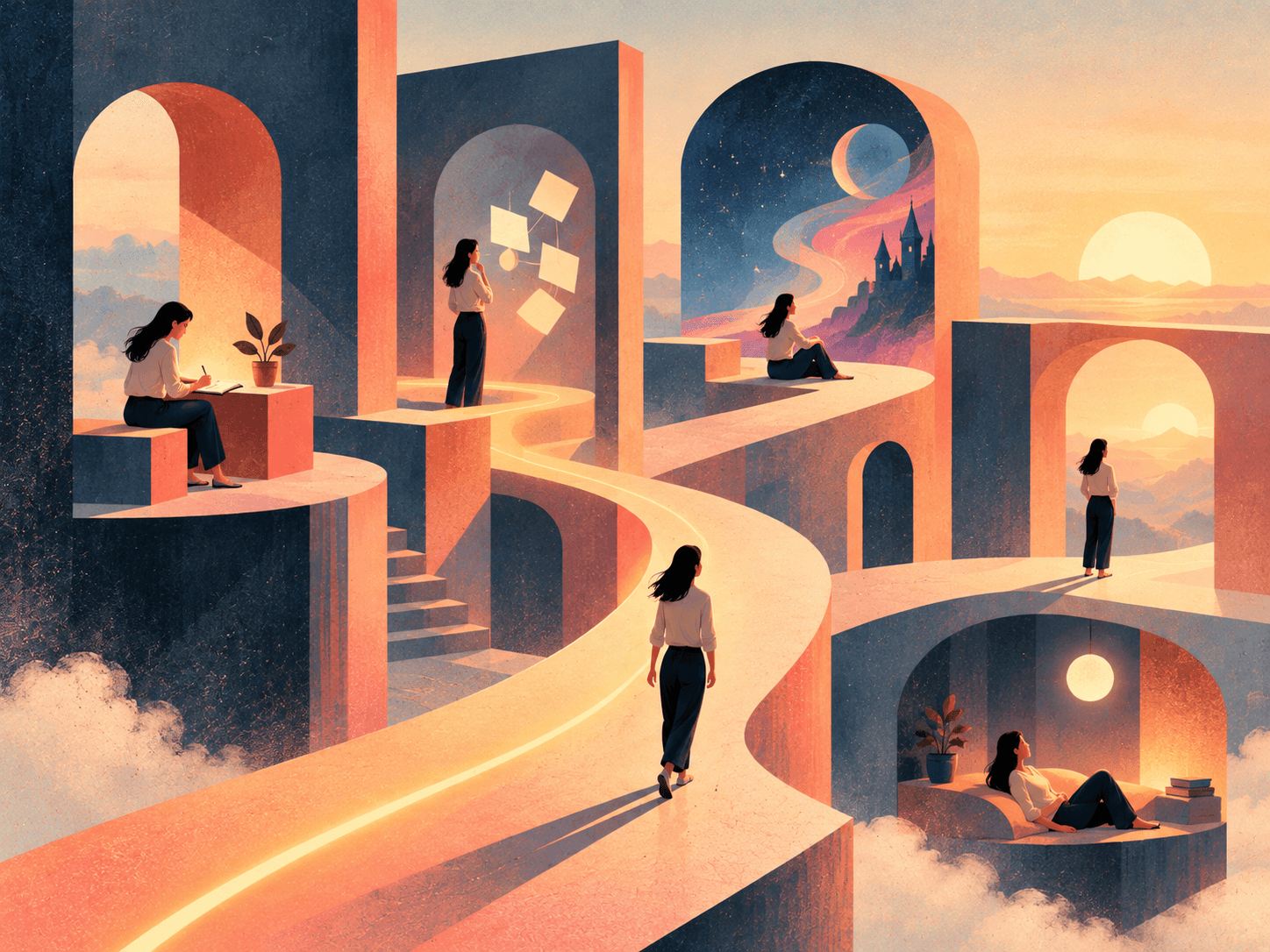 Conceptual editorial illustration of different spaces for writing, brainstorming, storytelling, and reflection, representing different AI companion roles.