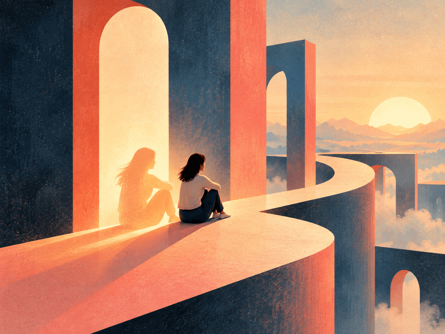 Editorial illustration of a person beside a softly illuminated reflection, representing self-reflection and considering different perspectives.